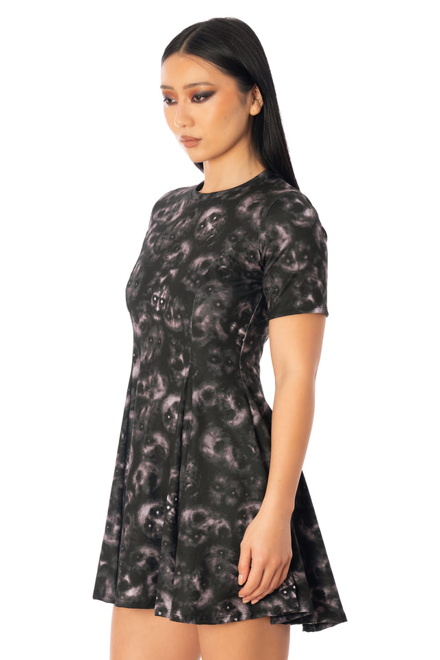 BlackMilk Horror Bound Evil Tee Dress – grey trapped-souls skull print mini Halloween tee dress, part of the BlackMilk Clothing Halloween collection