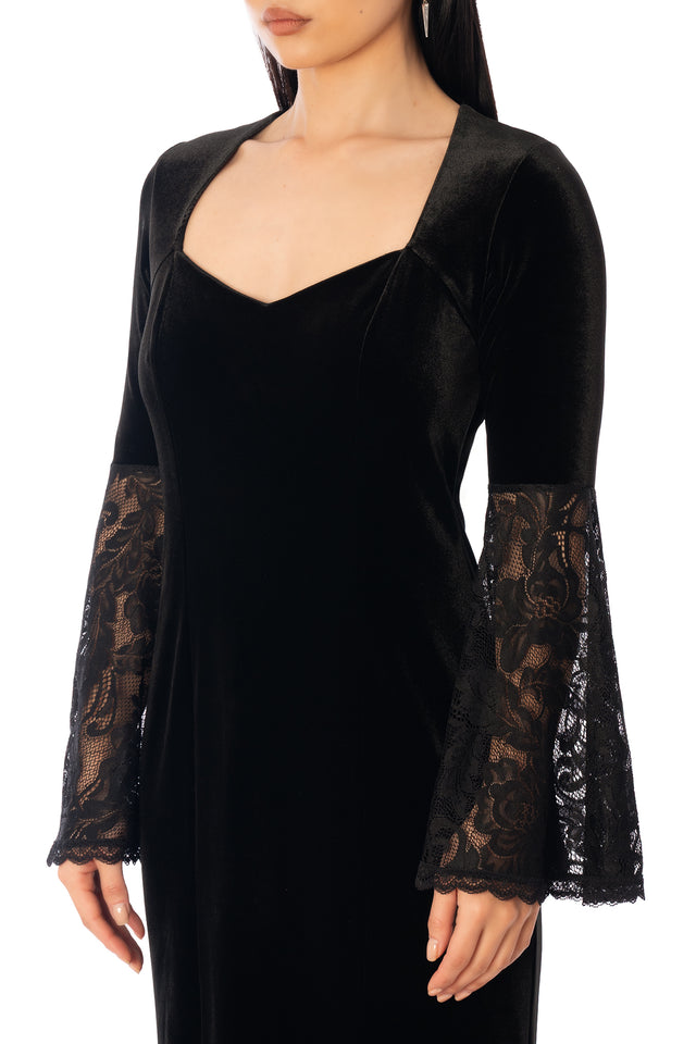 BlackMilk Velvet and Lace Morticia Dress – black velvet gothic Halloween dress with lace bell sleeves, part of the BlackMilk Clothing Halloween collection