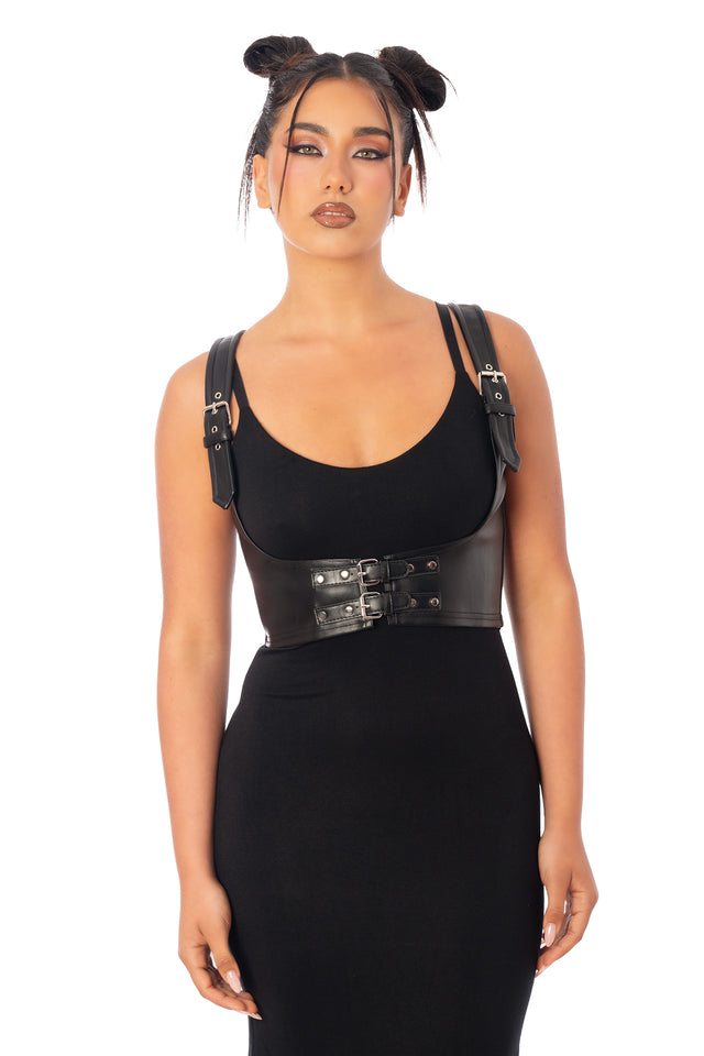 BlackMilk Black and Silver Underbust Corset – gothic Halloween harness-style underbust corset in black vegan leather, part of the BlackMilk Clothing Halloween collection