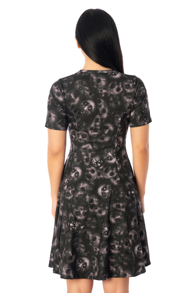 BlackMilk Horror Bound Longline Evil Tee Dress – black ghost and skull print longline Halloween tee dress, part of the BlackMilk Clothing Halloween collection