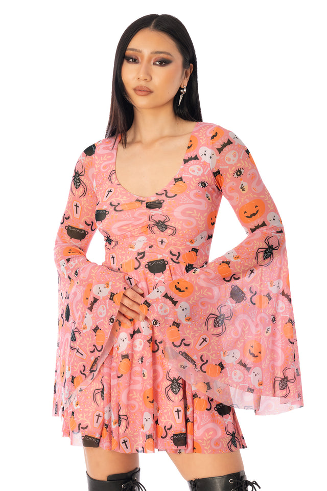 BlackMilk Coven Cutie Princess Spectre Dress – pink ghost and pumpkin print sheer bell-sleeve Halloween dress, part of the BlackMilk Clothing Halloween collection