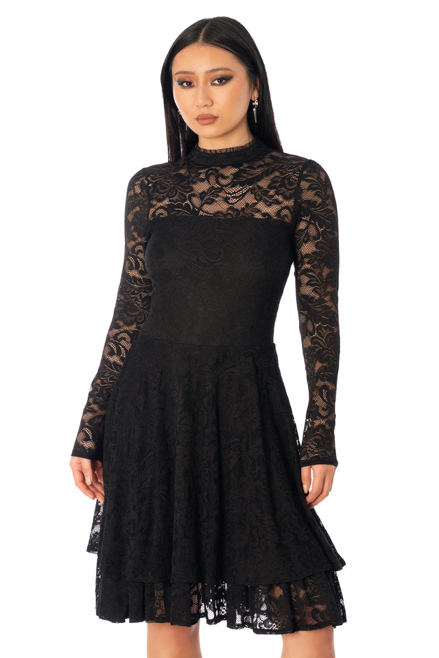 BlackMilk Dark Darling Lace Longline Dress – black gothic Victorian floral lace long sleeve Halloween dress, part of the BlackMilk Clothing Halloween collection