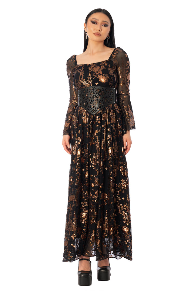 BlackMilk Gothic Gate Lace It Corset – black gothic cathedral print lace-up Halloween corset belt, part of the BlackMilk Clothing Halloween collection
