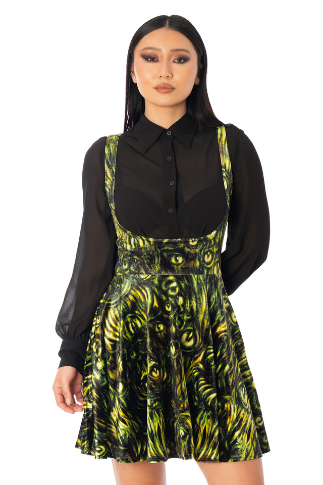 BlackMilk Mesmereyes Velvet Underbust Dress – green hypnotic eyeball print velvet Halloween underbust dress, part of the BlackMilk Clothing Halloween collection