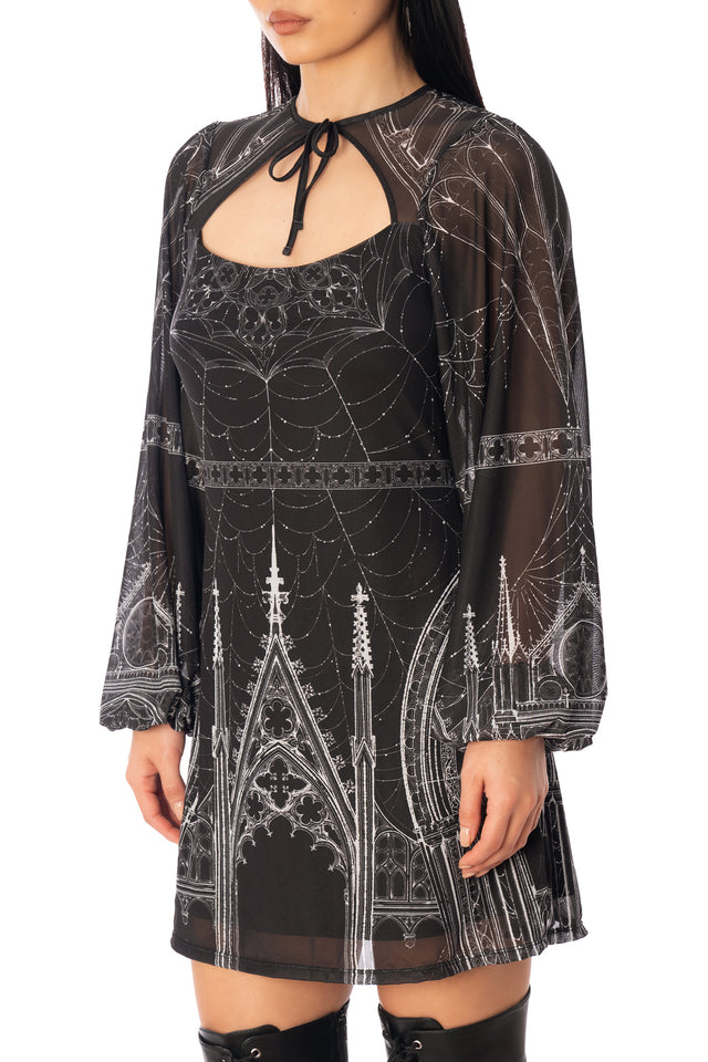 BlackMilk Caught in the Cloisters A-Line Bishop Dress – black gothic cathedral print sheer bishop-sleeve Halloween dress by Ami Raithe, BlackMilk Clothing Halloween collection
