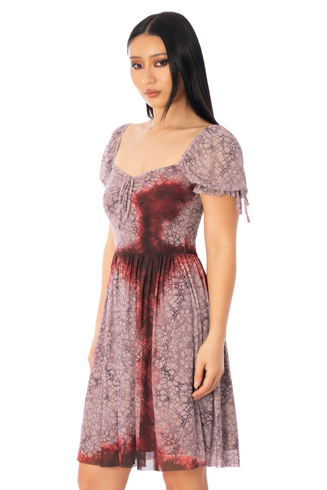 BlackMilk Final Girl Longline Tea Party Dress – dusty mauve blood-splatter print sheer Halloween tea party dress, part of the BlackMilk Clothing Halloween collection