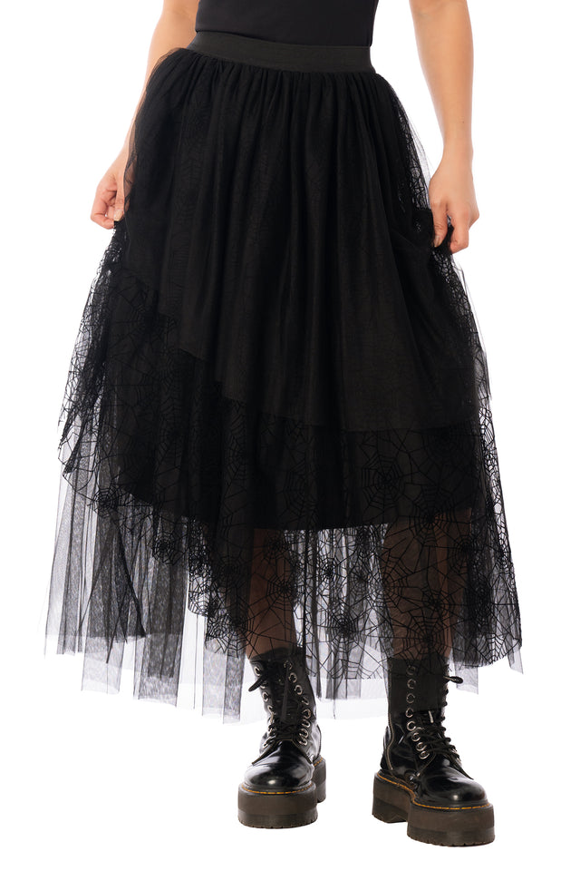 BlackMilk Widow's Weave Tulle Midi Skirt – black spiderweb lace tulle Halloween midi skirt, part of the BlackMilk Clothing Halloween collection