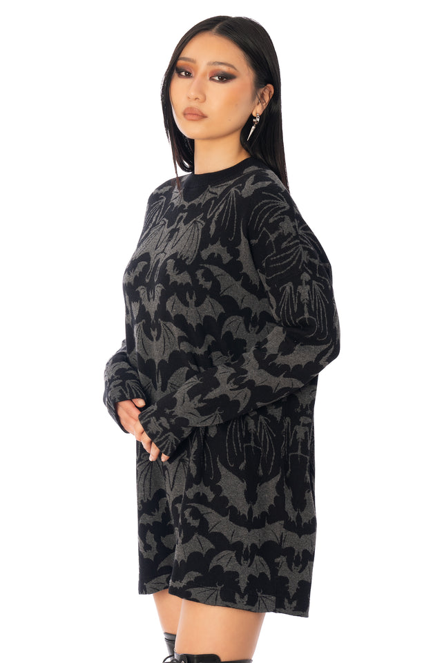 BlackMilk Gone Batty Lightweight Oversized Crew Knit – black bat print unisex slouchy Halloween knit sweater, part of the BlackMilk Clothing Halloween collection