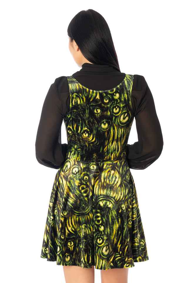 BlackMilk Mesmereyes Velvet Underbust Dress – green hypnotic eyeball print velvet Halloween underbust dress, part of the BlackMilk Clothing Halloween collection