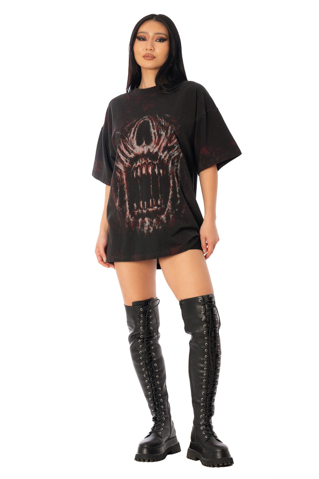 BlackMilk Bite Me Big Tee in black – oversized unisex Halloween monster mouth graphic print tee, part of the BlackMilk Clothing Halloween collection