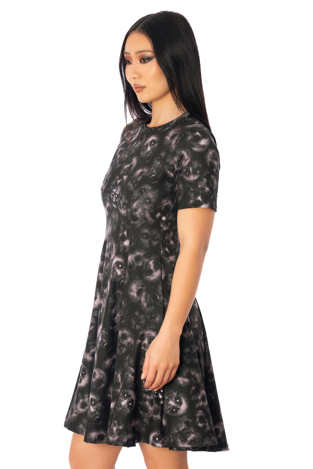 BlackMilk Horror Bound Longline Evil Tee Dress – black ghost and skull print longline Halloween tee dress, part of the BlackMilk Clothing Halloween collection