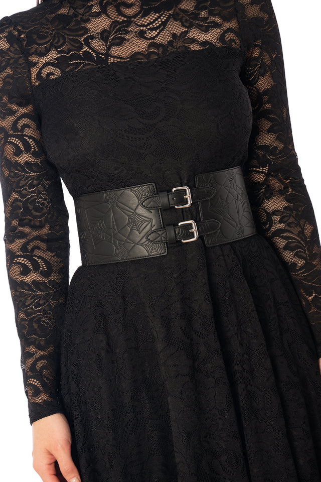 BlackMilk Waist Weaver Tie It Up Corset Belt – black embossed spiderweb vegan leather Halloween corset belt, part of the BlackMilk Clothing Halloween collection