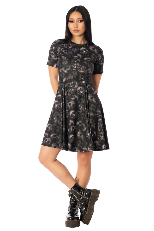 BlackMilk Horror Bound Longline Evil Tee Dress – black ghost and skull print longline Halloween tee dress, part of the BlackMilk Clothing Halloween collection