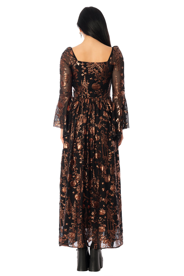 BlackMilk Gourd Gracious Squared Up Bell Sleeve Maxi Dress – orange gothic pumpkin cathedral print bell-sleeve Halloween maxi dress by Ami Raithe, BlackMilk Clothing Halloween collection