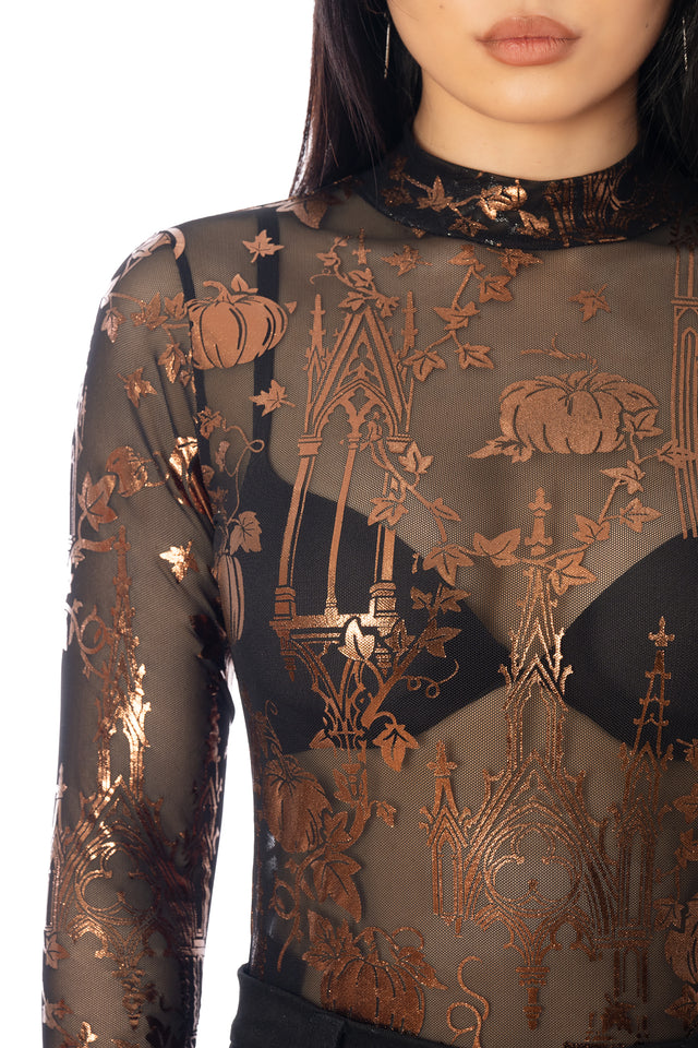 BlackMilk Gourd Gracious Sheer High Neck Long Sleeve Bodysuit – orange gothic cathedral pumpkin print sheer mesh Halloween bodysuit by Ami Raithe, BlackMilk Clothing Halloween collection