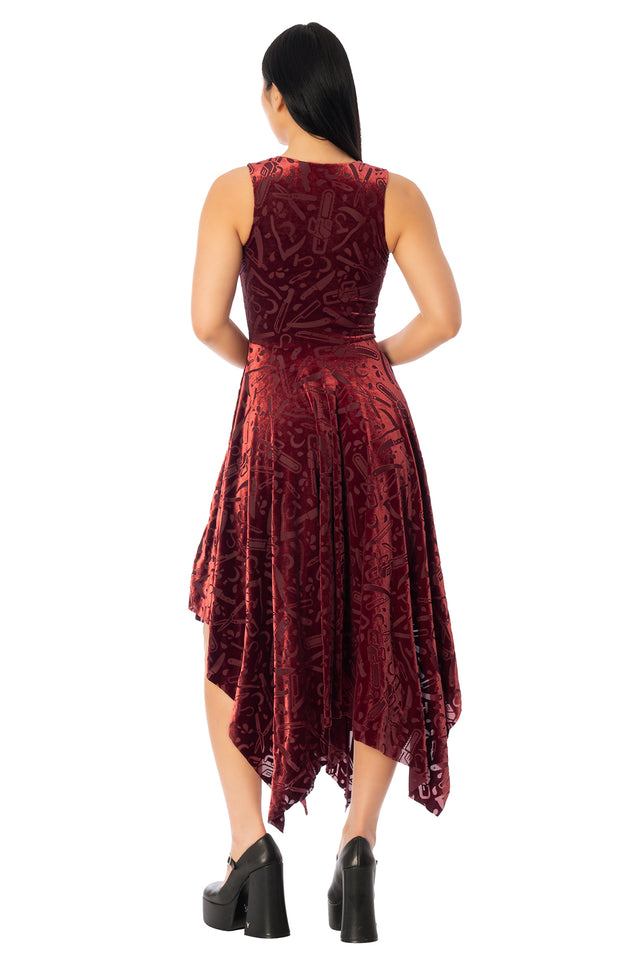 BlackMilk Slasher Burned Velvet V Neck Handkerchief Dress – red horror slasher weapon print burned velvet Halloween dress, part of the BlackMilk Clothing Halloween collection