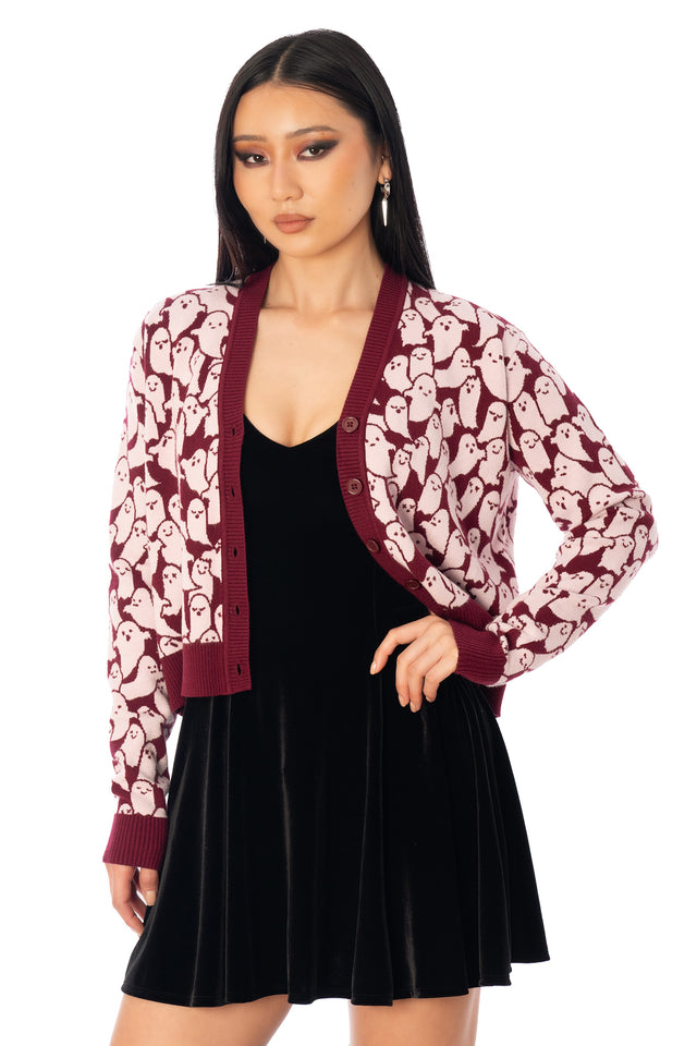 BlackMilk Cutie-Patooohtie Knit Cardigan – pink ghost print cropped Halloween knit cardigan, part of the BlackMilk Clothing Halloween collection