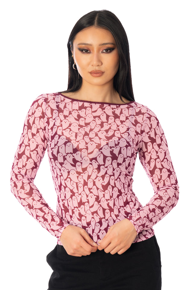 BlackMilk Cutie-Patooohtie Sheer Boat Neck Long Sleeve Top – pink ghost print sheer mesh Halloween top, part of the BlackMilk Clothing Halloween collection