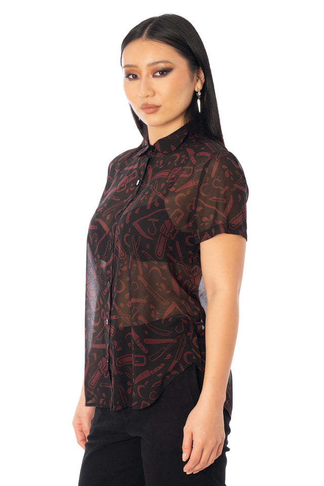 BlackMilk Slasher Cute as a Button Shirt – black horror slasher weapon print button-up Halloween shirt, part of the BlackMilk Clothing Halloween collection