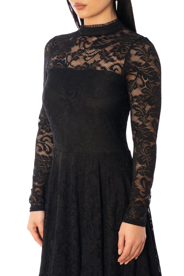 BlackMilk Dark Darling Lace Longline Dress – black gothic Victorian floral lace long sleeve Halloween dress, part of the BlackMilk Clothing Halloween collection