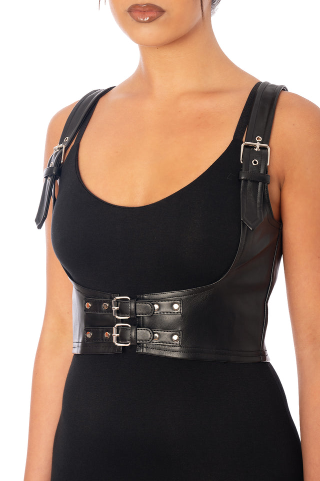 BlackMilk Black and Silver Underbust Corset – gothic Halloween harness-style underbust corset in black vegan leather, part of the BlackMilk Clothing Halloween collection