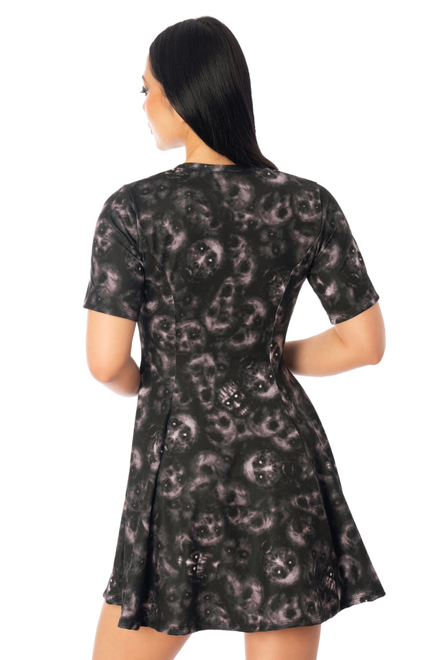 BlackMilk Horror Bound Evil Tee Dress – grey trapped-souls skull print mini Halloween tee dress, part of the BlackMilk Clothing Halloween collection