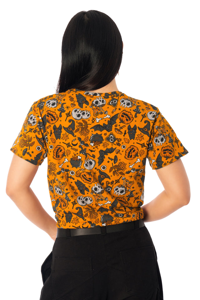 BlackMilk Bat to the Bone Cotton Tie Front Tee – orange Halloween skull, bat and pumpkin print tie-front tee, part of the BlackMilk Clothing Halloween collection