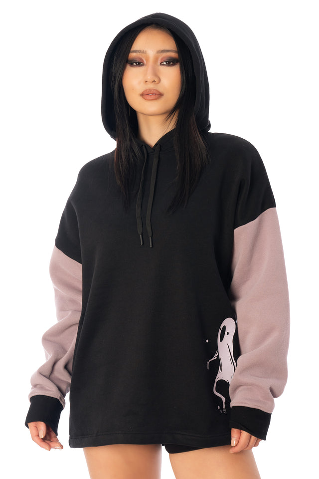 BlackMilk Ghost Party Comfy Hoodie – oversized unisex glow-in-the-dark ghost print Halloween hoodie in black and purple, part of the BlackMilk Clothing Halloween collection