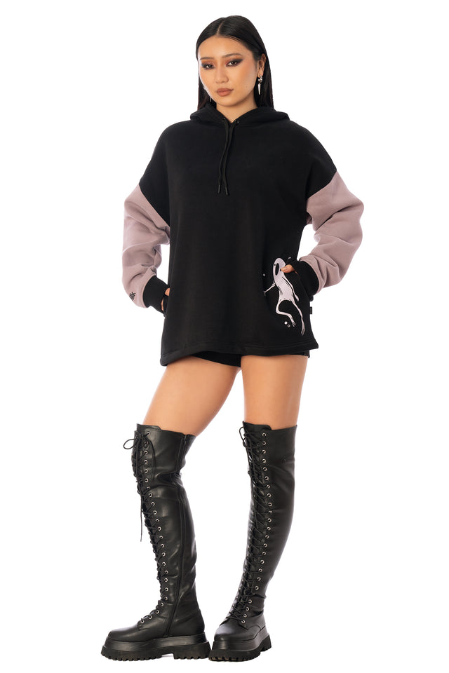 BlackMilk Ghost Party Comfy Hoodie – oversized unisex glow-in-the-dark ghost print Halloween hoodie in black and purple, part of the BlackMilk Clothing Halloween collection
