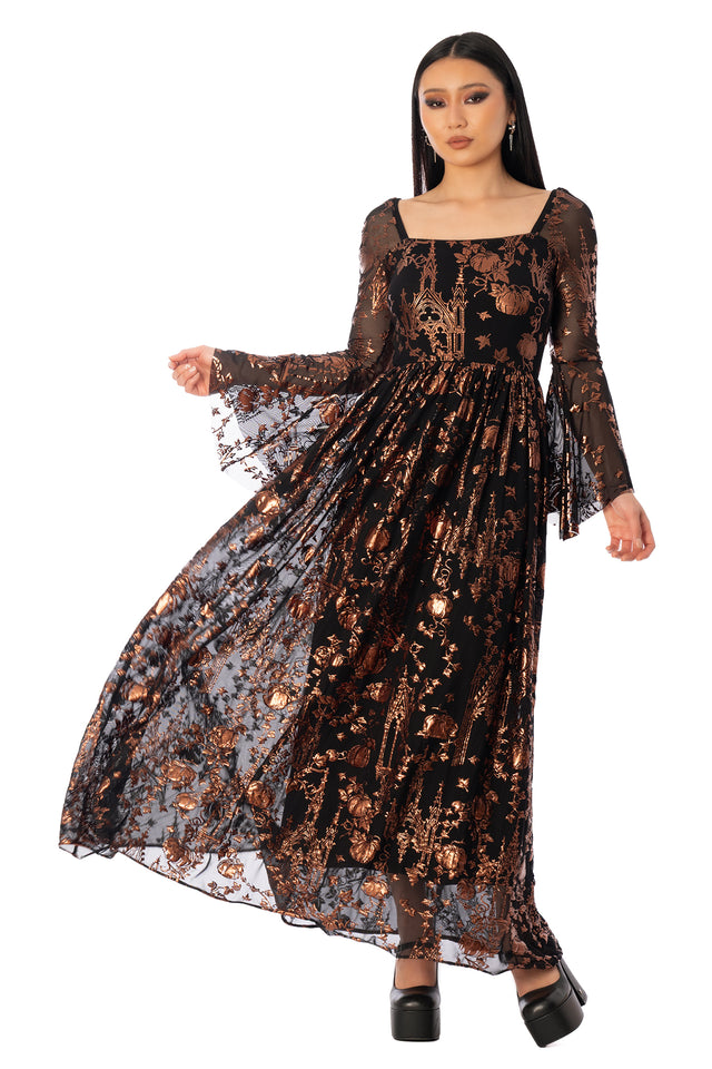 BlackMilk Gourd Gracious Squared Up Bell Sleeve Maxi Dress – orange gothic pumpkin cathedral print bell-sleeve Halloween maxi dress by Ami Raithe, BlackMilk Clothing Halloween collection