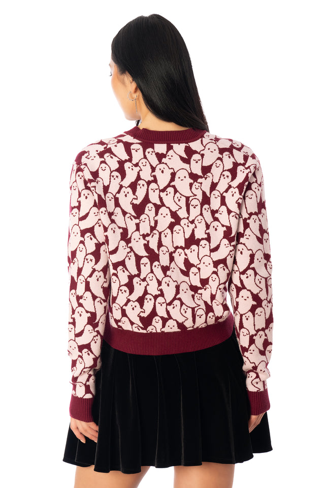 BlackMilk Cutie-Patooohtie Knit Cardigan – pink ghost print cropped Halloween knit cardigan, part of the BlackMilk Clothing Halloween collection