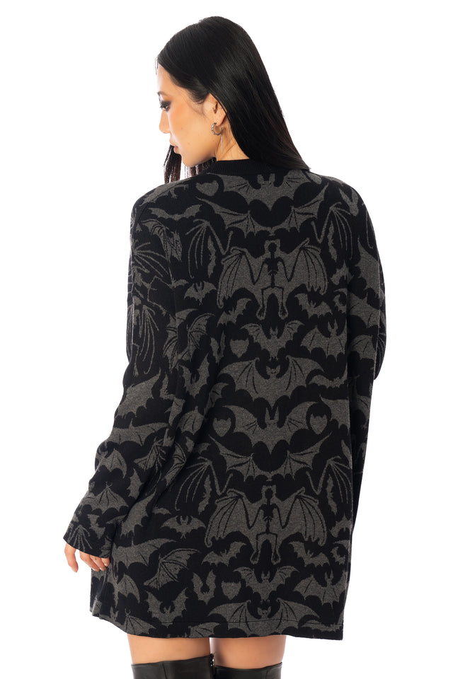BlackMilk Gone Batty Lightweight Oversized Crew Knit – black bat print unisex slouchy Halloween knit sweater, part of the BlackMilk Clothing Halloween collection