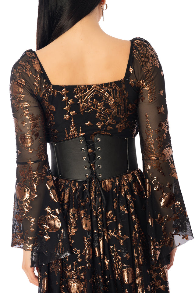 BlackMilk Gothic Gate Lace It Corset – black gothic cathedral print lace-up Halloween corset belt, part of the BlackMilk Clothing Halloween collection