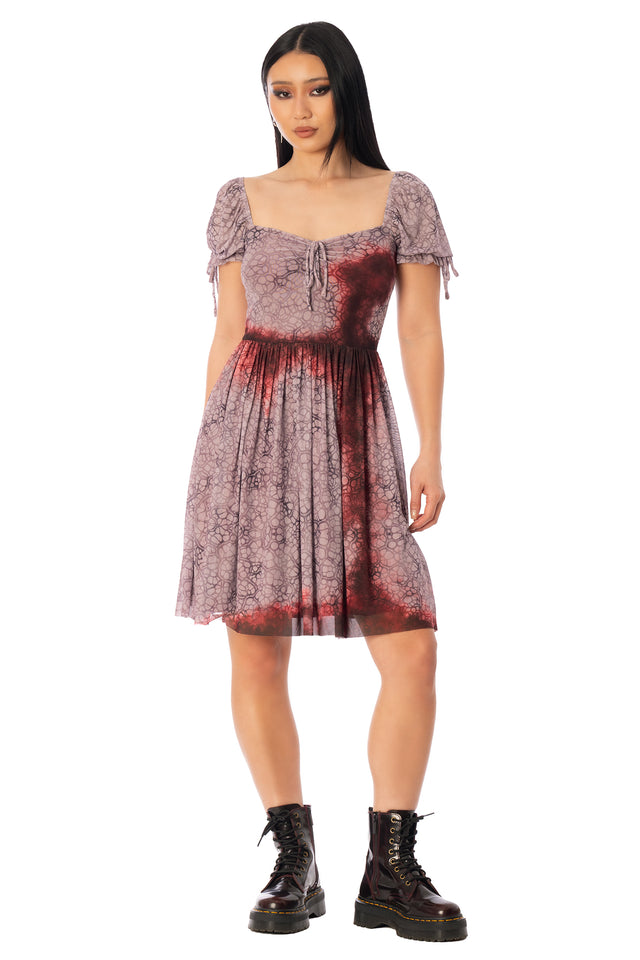 BlackMilk Final Girl Longline Tea Party Dress – dusty mauve blood-splatter print sheer Halloween tea party dress, part of the BlackMilk Clothing Halloween collection