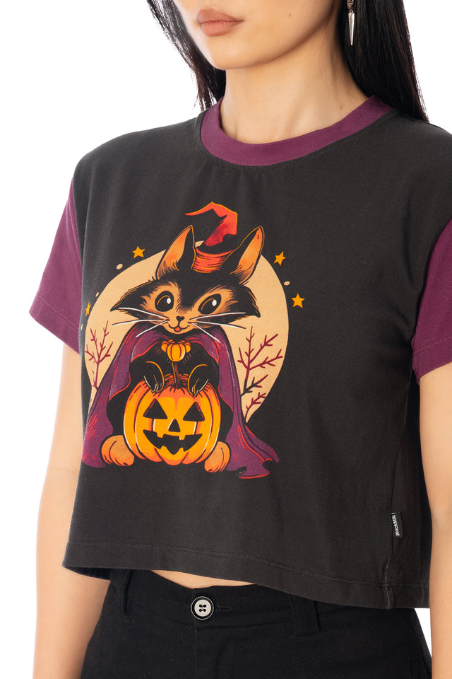 BlackMilk Magic and Mischief Cotton Baby Tee – purple pumpkin and witch print cropped baby tee, part of the BlackMilk Clothing Halloween collection