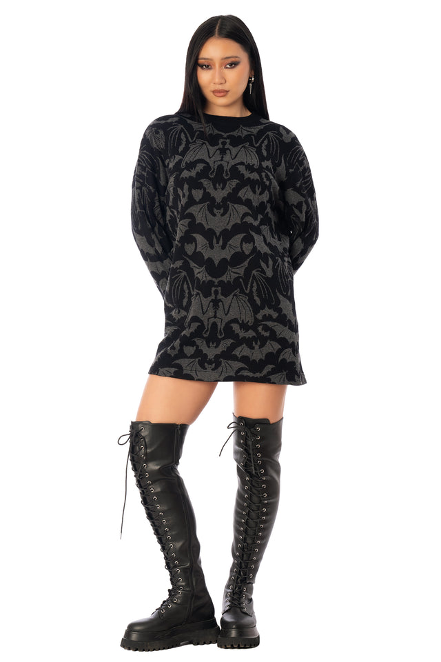 BlackMilk Gone Batty Lightweight Oversized Crew Knit – black bat print unisex slouchy Halloween knit sweater, part of the BlackMilk Clothing Halloween collection