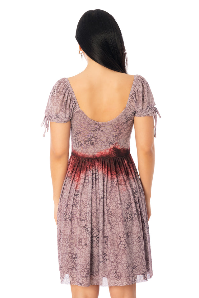 BlackMilk Final Girl Longline Tea Party Dress – dusty mauve blood-splatter print sheer Halloween tea party dress, part of the BlackMilk Clothing Halloween collection