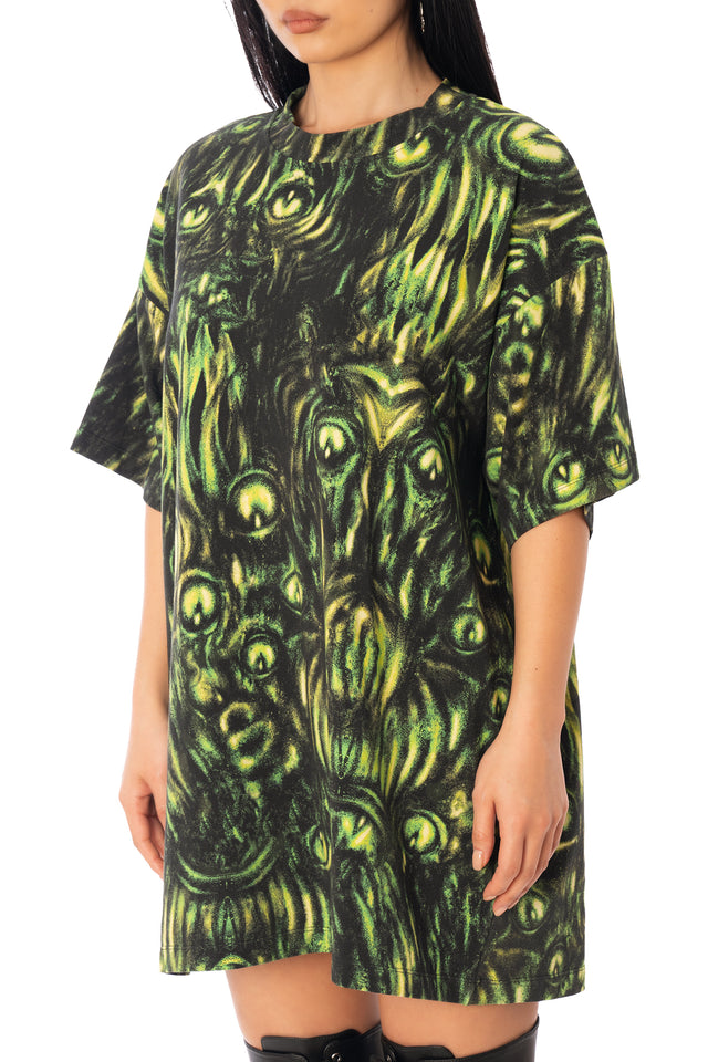 BlackMilk Mesmereyes Cotton Giant Tee – green hypnotic eyeball print oversized unisex cotton Halloween tee, part of the BlackMilk Clothing Halloween collection