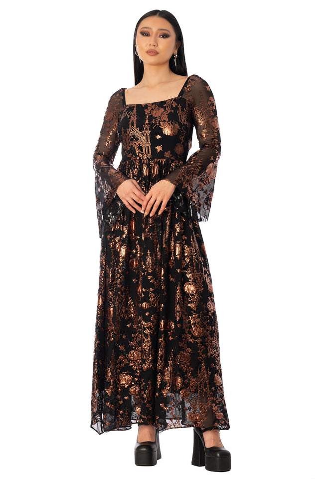 BlackMilk Gourd Gracious Squared Up Bell Sleeve Maxi Dress – orange gothic pumpkin cathedral print bell-sleeve Halloween maxi dress by Ami Raithe, BlackMilk Clothing Halloween collection
