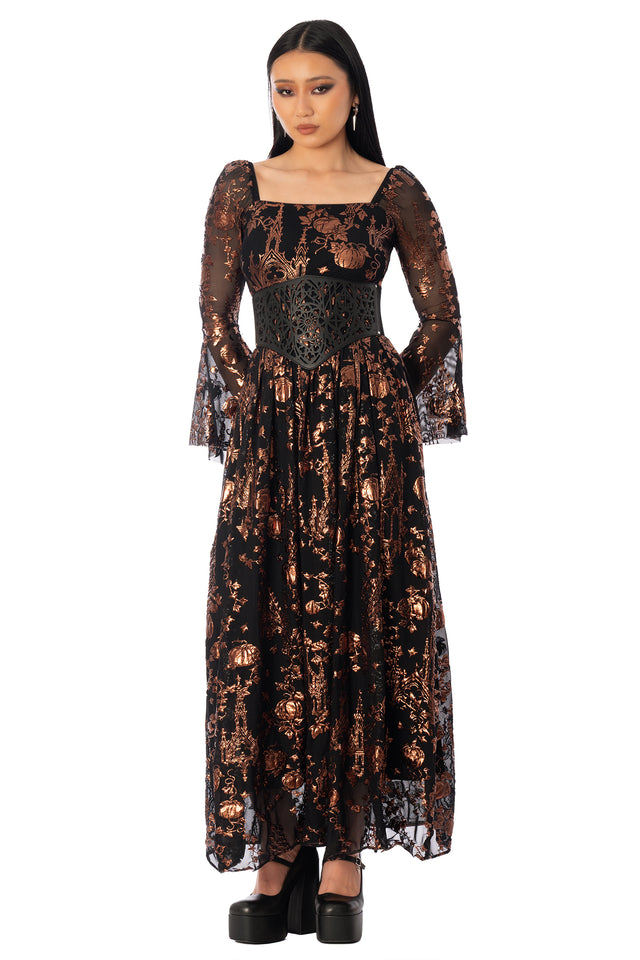 BlackMilk Gourd Gracious Squared Up Bell Sleeve Maxi Dress – orange gothic pumpkin cathedral print bell-sleeve Halloween maxi dress by Ami Raithe, BlackMilk Clothing Halloween collection