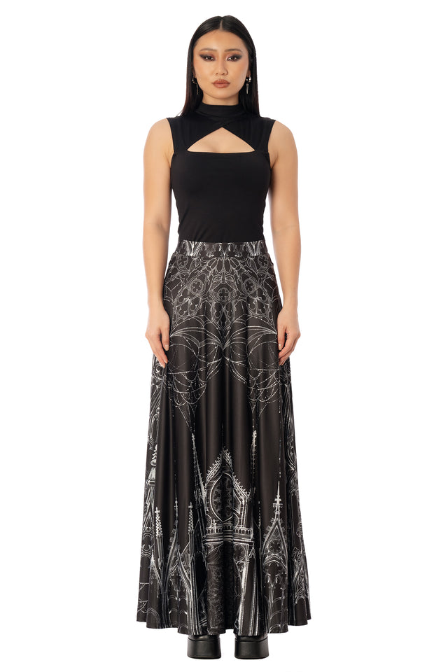 BlackMilk Caught in the Cloisters Maxi Skirt – black gothic cathedral stained-glass print maxi skirt by artist Ami Raithe, BlackMilk Clothing Halloween collection