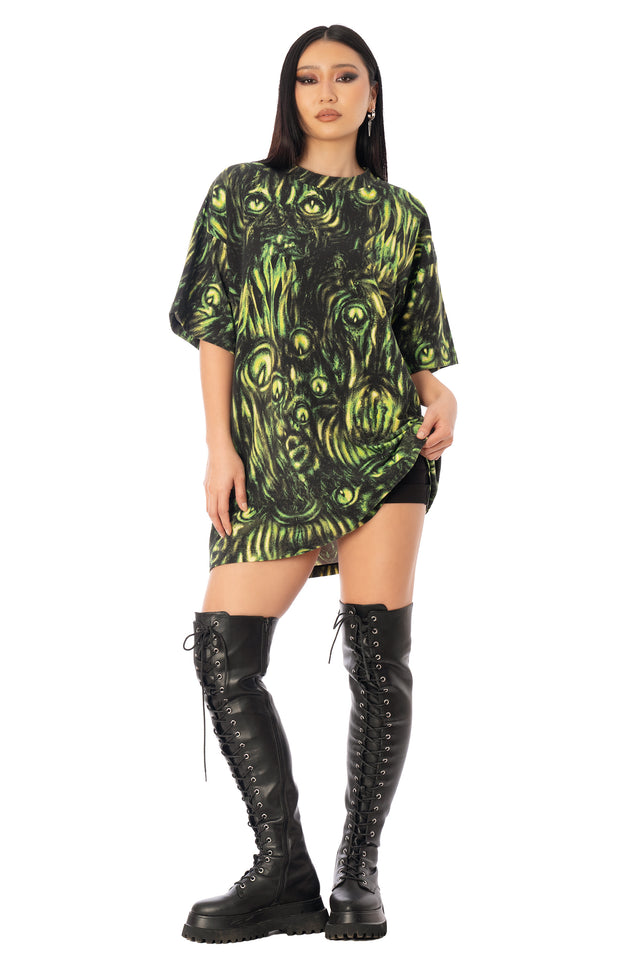 BlackMilk Mesmereyes Cotton Giant Tee – green hypnotic eyeball print oversized unisex cotton Halloween tee, part of the BlackMilk Clothing Halloween collection