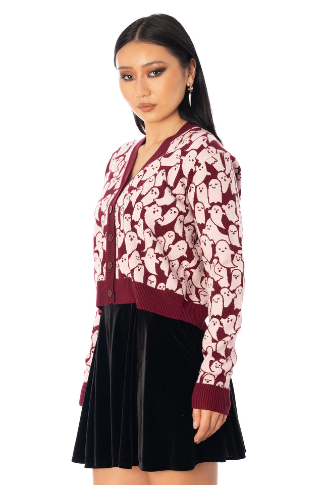 BlackMilk Cutie-Patooohtie Knit Cardigan – pink ghost print cropped Halloween knit cardigan, part of the BlackMilk Clothing Halloween collection
