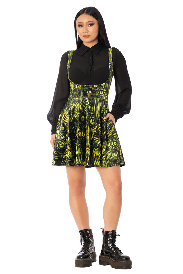 BlackMilk Mesmereyes Velvet Underbust Dress – green hypnotic eyeball print velvet Halloween underbust dress, part of the BlackMilk Clothing Halloween collection