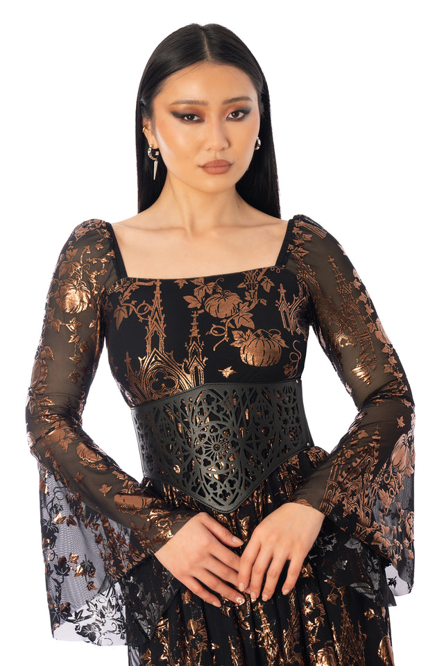 BlackMilk Gothic Gate Lace It Corset – black gothic cathedral print lace-up Halloween corset belt, part of the BlackMilk Clothing Halloween collection