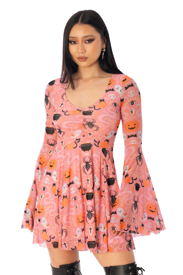 BlackMilk Coven Cutie Princess Spectre Dress – pink ghost and pumpkin print sheer bell-sleeve Halloween dress, part of the BlackMilk Clothing Halloween collection
