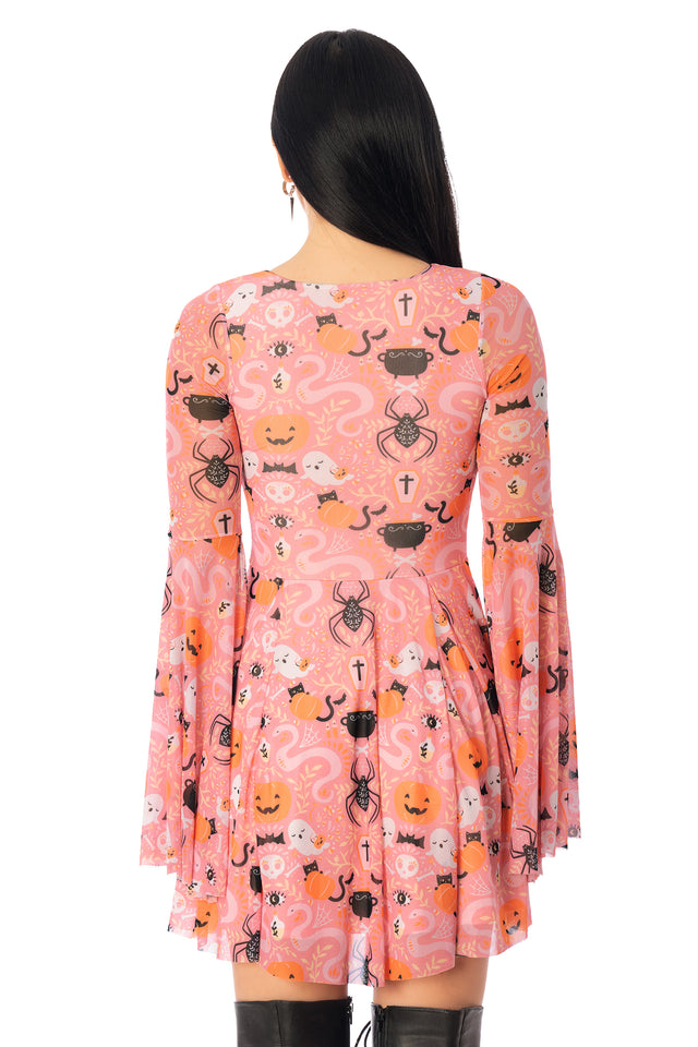 BlackMilk Coven Cutie Princess Spectre Dress – pink ghost and pumpkin print sheer bell-sleeve Halloween dress, part of the BlackMilk Clothing Halloween collection