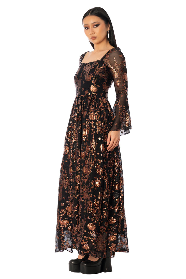 BlackMilk Gourd Gracious Squared Up Bell Sleeve Maxi Dress – orange gothic pumpkin cathedral print bell-sleeve Halloween maxi dress by Ami Raithe, BlackMilk Clothing Halloween collection