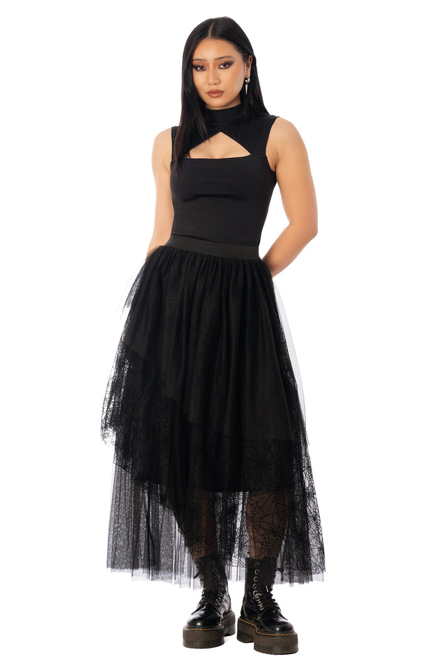 BlackMilk Widow's Weave Tulle Midi Skirt – black spiderweb lace tulle Halloween midi skirt, part of the BlackMilk Clothing Halloween collection