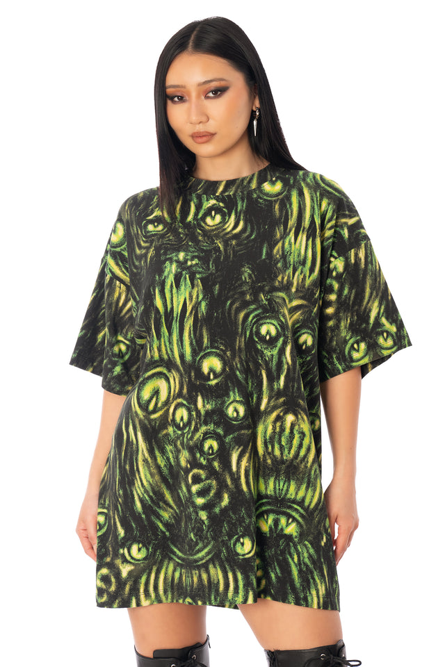 BlackMilk Mesmereyes Cotton Giant Tee – green hypnotic eyeball print oversized unisex cotton Halloween tee, part of the BlackMilk Clothing Halloween collection
